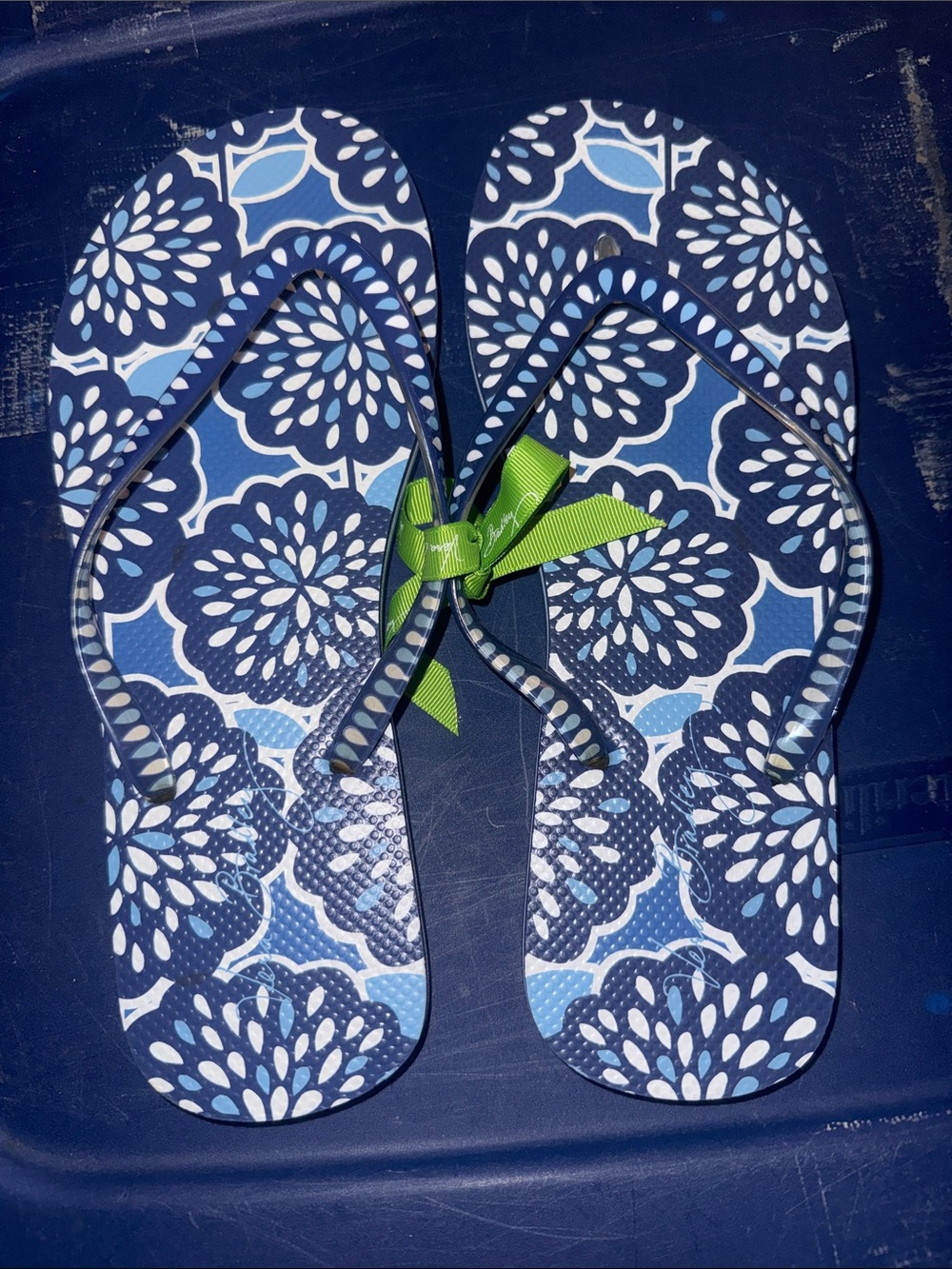 Vera Bradley Blue Floral Flip Flop Sandals with Green Bow Accent